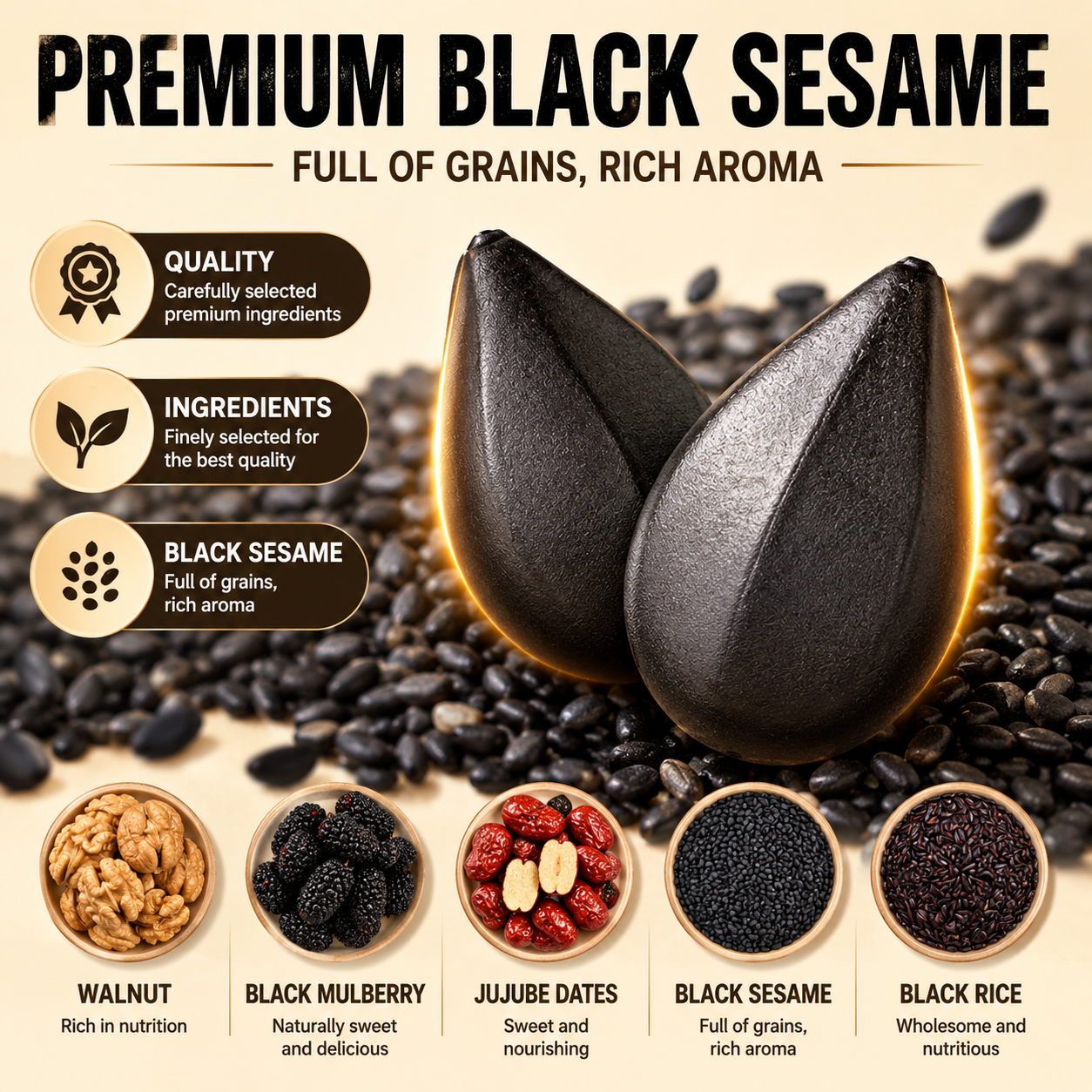Intangible Heritage 5-Treasure Black Sesame Balls – Nine-Steamed & Nine-Sun-Dried Traditional Craft & Repair Damaged Hair&Promote Sleep-9YOE9