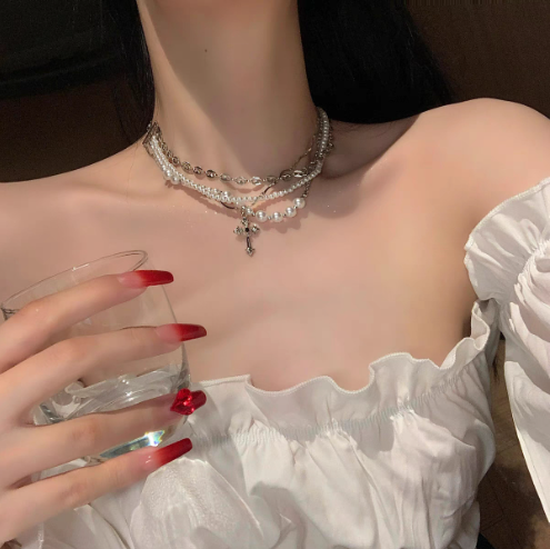 2025 Multi-layer Pearl Cross Necklace Women's Niche Design Clavicle Chain-wpp
