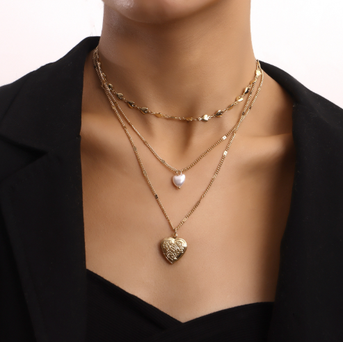 Temperament multi-layer love chain pearl openable peach heart pendant necklace-wpp
