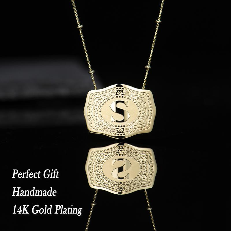 14K Gold Plated Initial Letter Pendant Necklace with Embossed Belt Buckle, Western Style Jewelry 18"+2" Extender Length Gift for Men Women Buy 1 Get 1 Free Chain Handmade 585/14K Real Gold Plating-ts