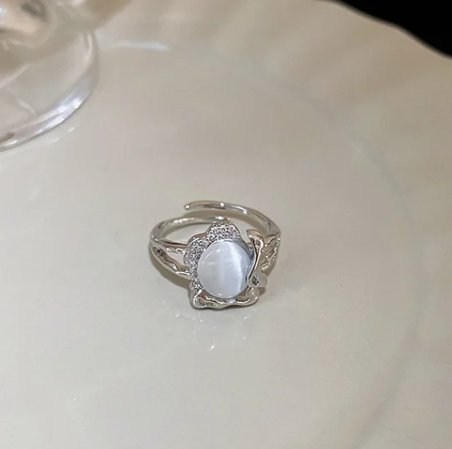 Pearl and diamond open ring - fashionable all-metal high-end finger ring, stylish and elegant -wsm