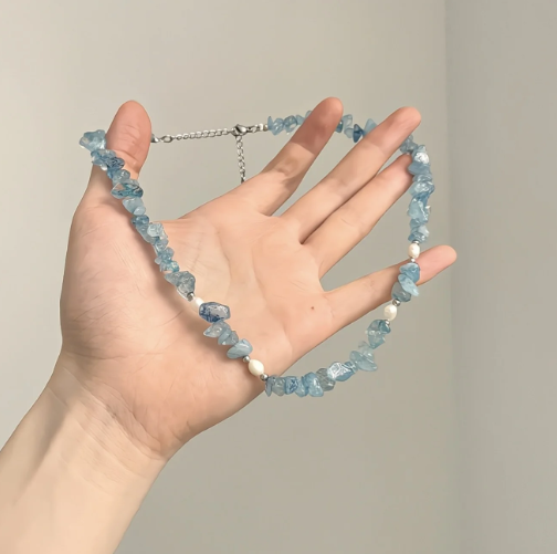 Summer-style cool blue starfish shell necklace, toggle-style layered bone chain -wsm