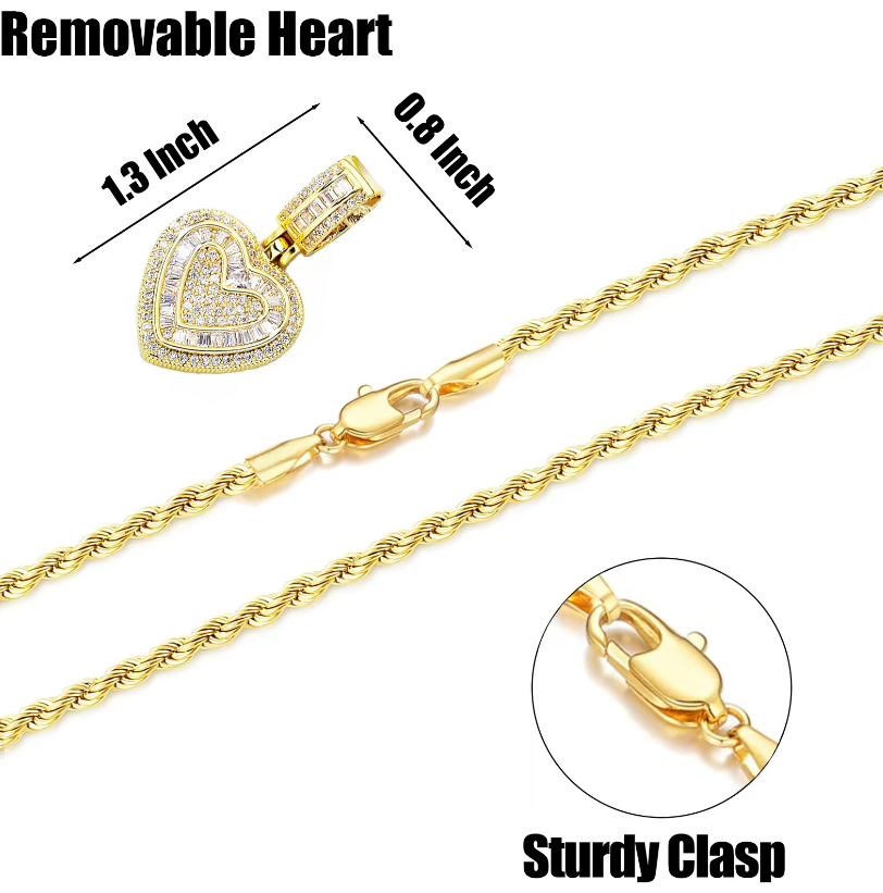 Hip Hop Heart Necklace for Women, Cubic Diamond Heart Pendant Necklace with 14K Gold Plated Heart Charm Chains