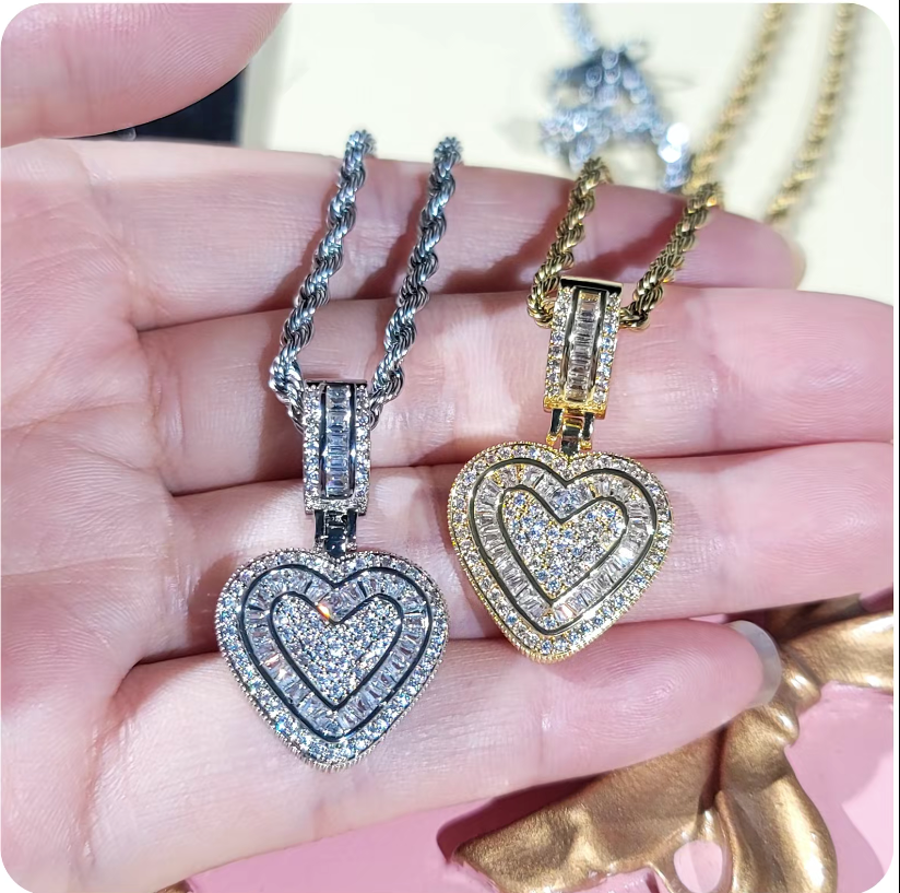 Hip Hop Heart Necklace for Women, Cubic Diamond Heart Pendant Necklace with 14K Gold Plated Heart Charm Chains