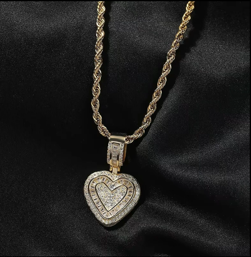 Hip Hop Heart Necklace for Women, Cubic Diamond Heart Pendant Necklace with 14K Gold Plated Heart Charm Chains