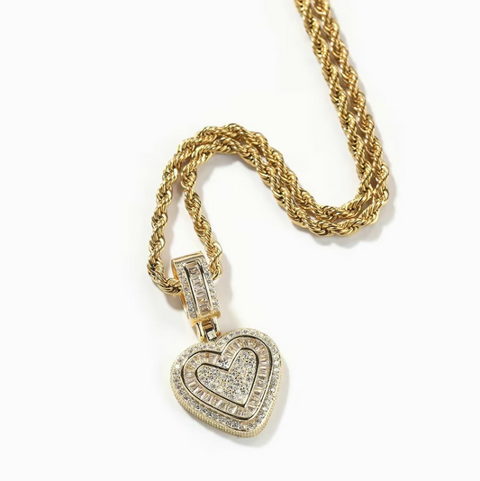 Hip Hop Heart Necklace for Women, Cubic Diamond Heart Pendant Necklace with 14K Gold Plated Heart Charm Chains