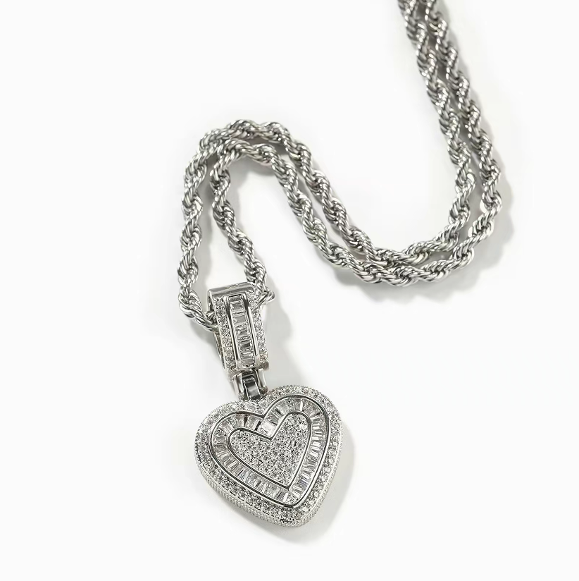Hip Hop Heart Necklace for Women, Cubic Diamond Heart Pendant Necklace with 14K Gold Plated Heart Charm Chains