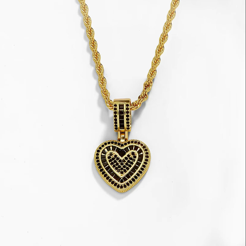 Hip Hop Heart Necklace for Women, Cubic Diamond Heart Pendant Necklace with 14K Gold Plated Heart Charm Chains