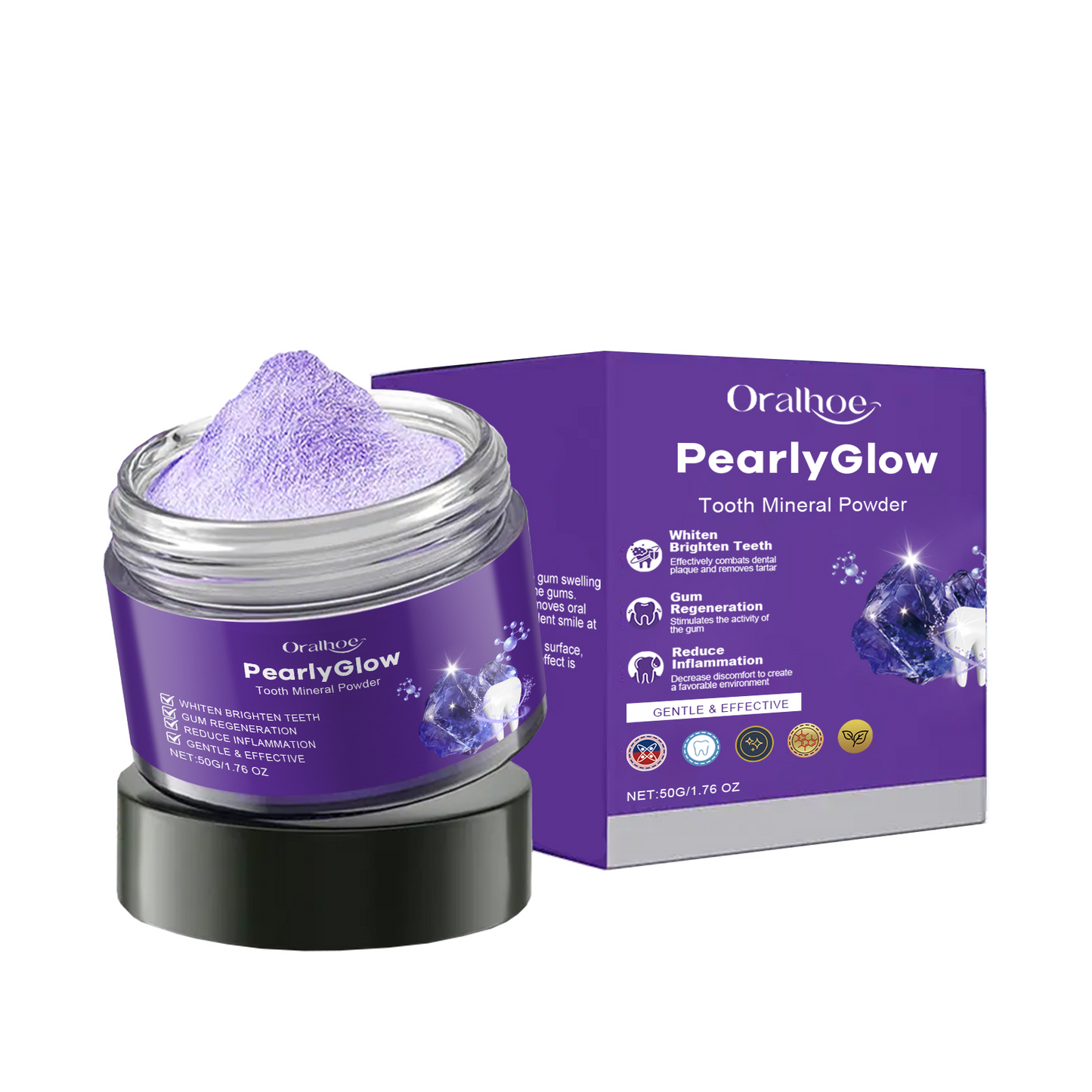Oralhoe Purple Whitening Teeth Powder: Gentle on and cleans teeth, removes yellowing and plaque, and freshens breath.