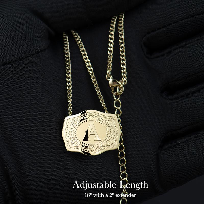 14K Gold Plated Initial Letter Pendant Necklace with Embossed Belt Buckle, Western Style Jewelry 18"+2" Extender Length Gift for Men Women Buy 1 Get 1 Free Chain Handmade 585/14K Real Gold Plating-ts