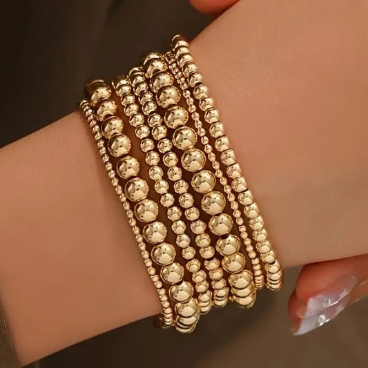 Lady waterproof gold bracelet  7 piece set 14K gold plated bead string and ball bracelet-wpp