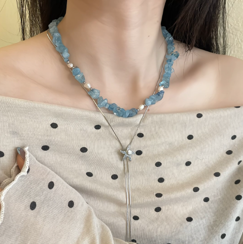 Summer-style cool blue starfish shell necklace, toggle-style layered bone chain -wsm
