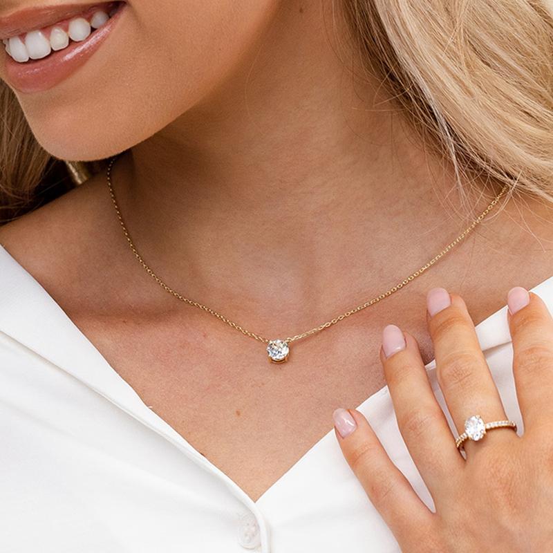 2 Carat Solitaire Pendant Necklace - 14K Gold Plated Choker Necklace with Cubic Zirconia Crystal - Hypoallergenic Gold Jewelry Dainty Necklaces for Women-ts
