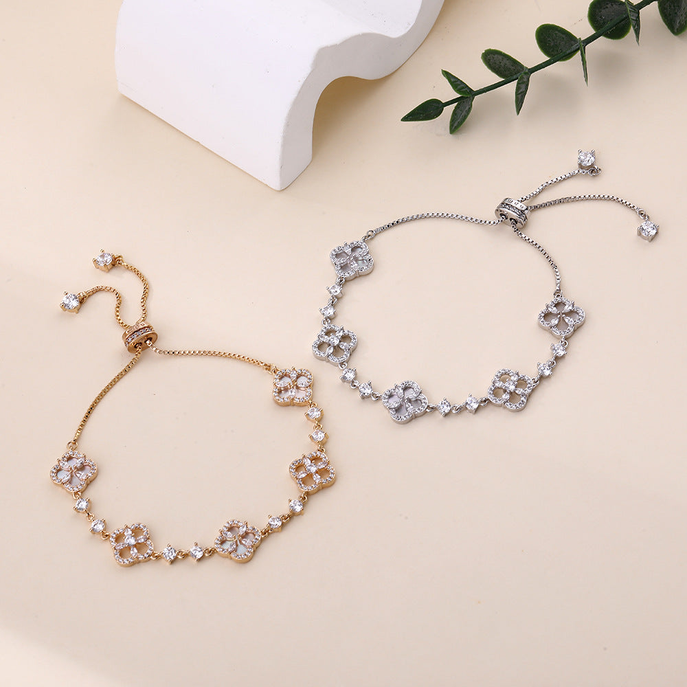 Four-Petal Flower Natural Shell Marquise Zircon Flower Plated Real Gold Bracelet-wsm