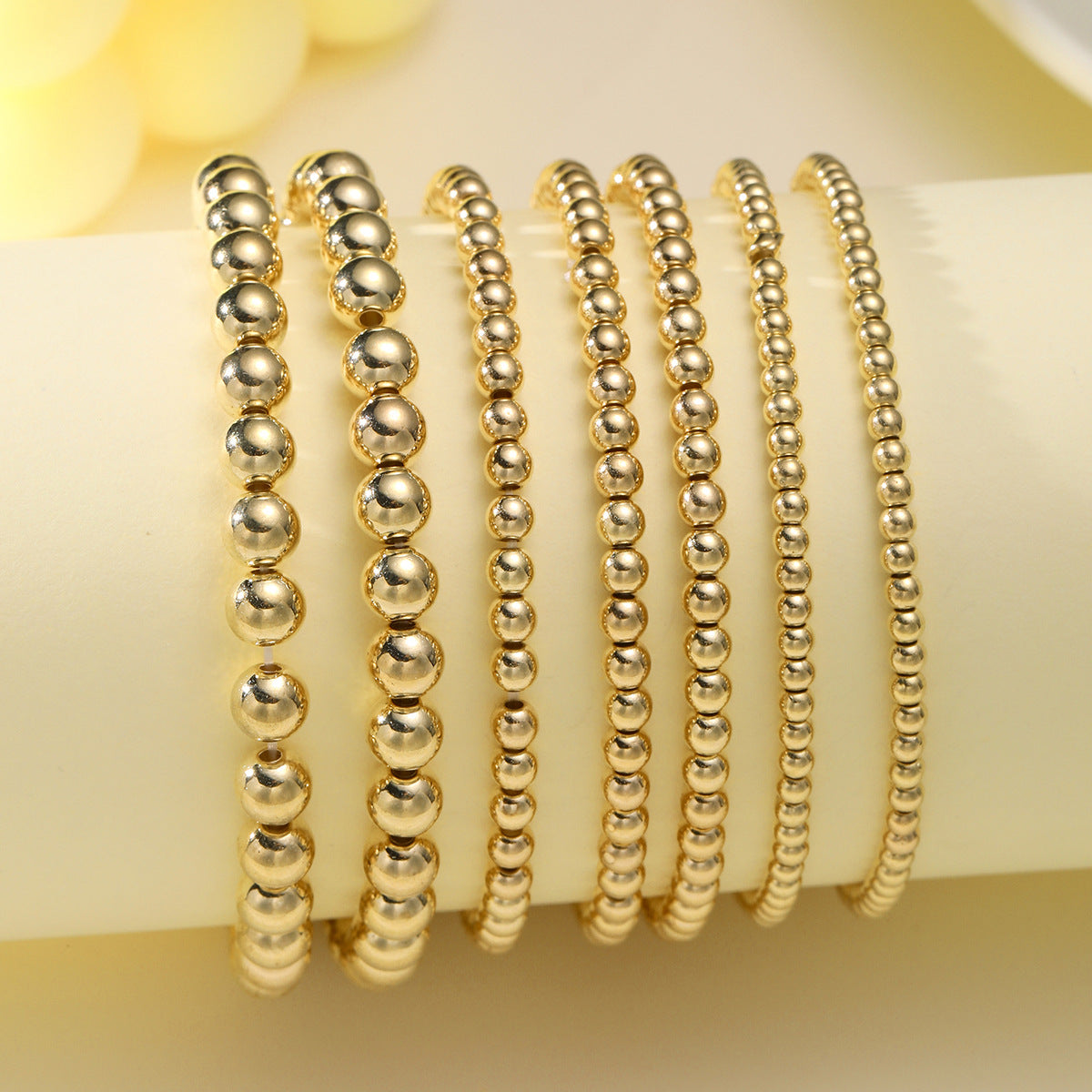 Lady waterproof gold bracelet  7 piece set 14K gold plated bead string and ball bracelet-wpp