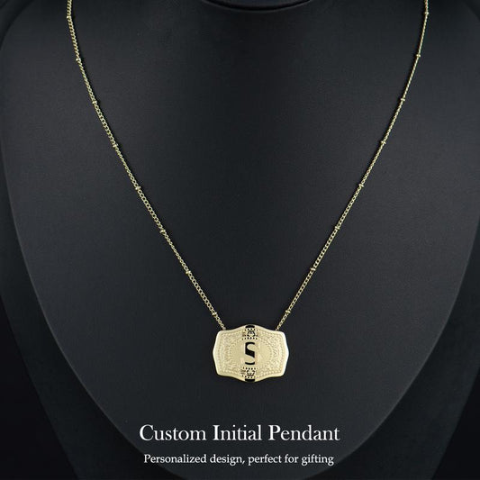 14K Gold Plated Initial Letter Pendant Necklace with Embossed Belt Buckle, Western Style Jewelry 18"+2" Extender Length Gift for Men Women Buy 1 Get 1 Free Chain Handmade 585/14K Real Gold Plating-ts