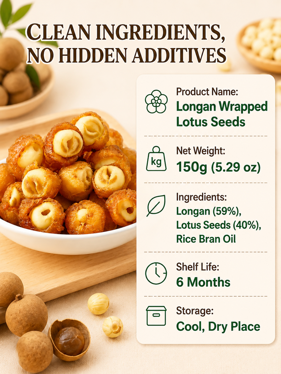 Longan Wrapped Lotus Seeds. Natural Ready-to-Eat Dried Fruit Snack for HeaIth & Relaxation