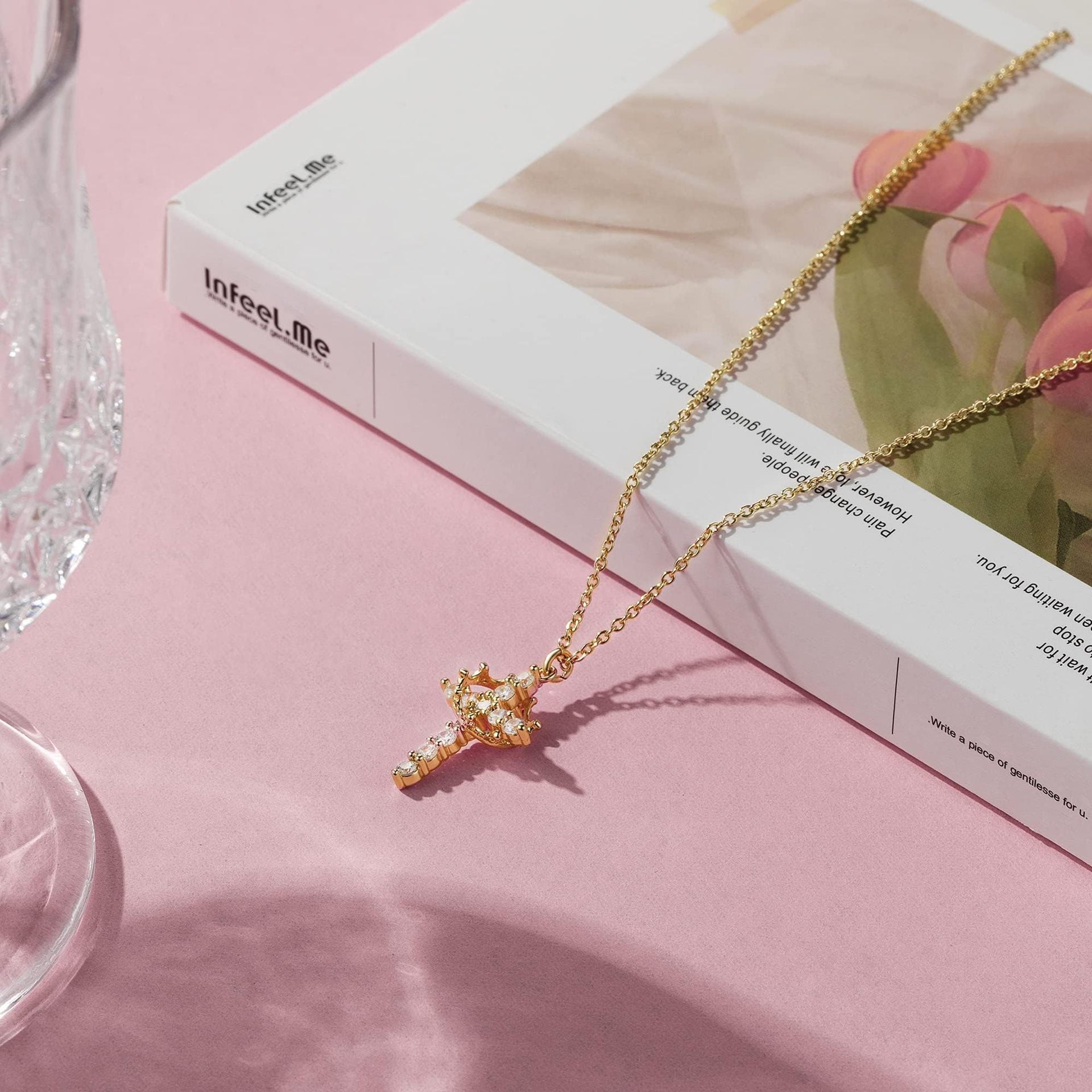 Light luxury high-end zircon clavicle necklace holiday gift rotating crown cross necklace-ts