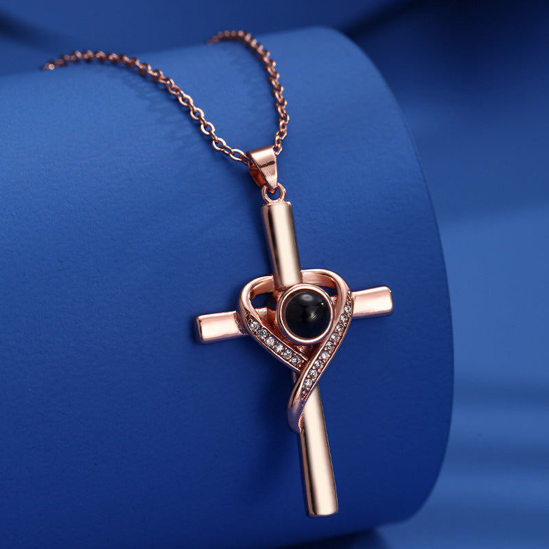 100 Languages I Love You Projection Necklace New Heart-Shaped Cross Clavicle Chain-wsm