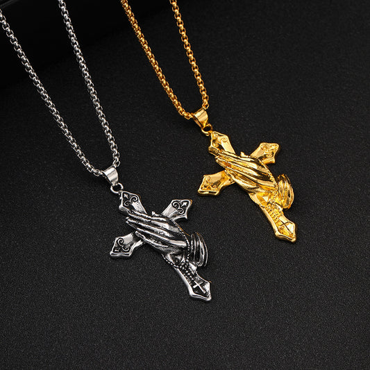 Timeless Stainless Steel Praying Hands Cross Necklace - Waterproof Non-fading Silver Jewelry Perfect for All Occasions-ts