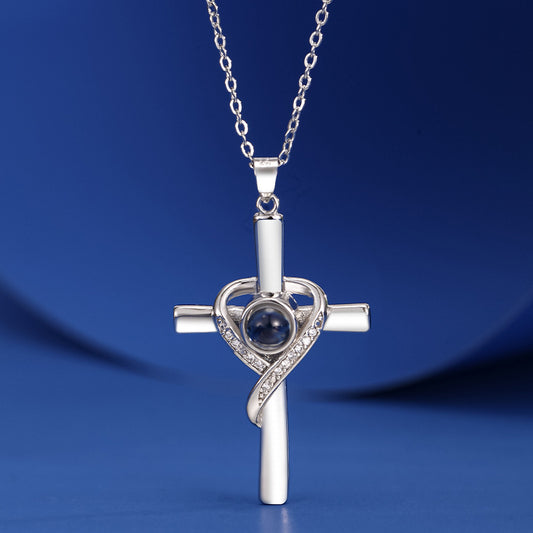 100 Languages I Love You Projection Necklace New Heart-Shaped Cross Clavicle Chain-wsm