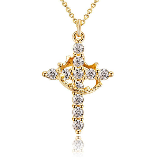 Light luxury high-end zircon clavicle necklace holiday gift rotating crown cross necklace-ts