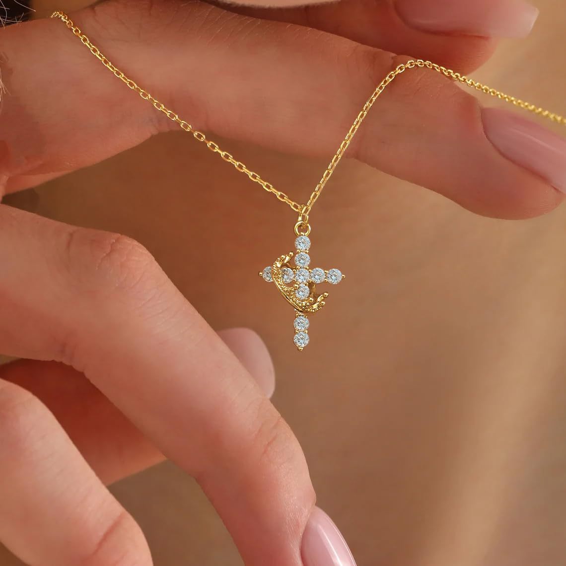 Light luxury high-end zircon clavicle necklace holiday gift rotating crown cross necklace-ts