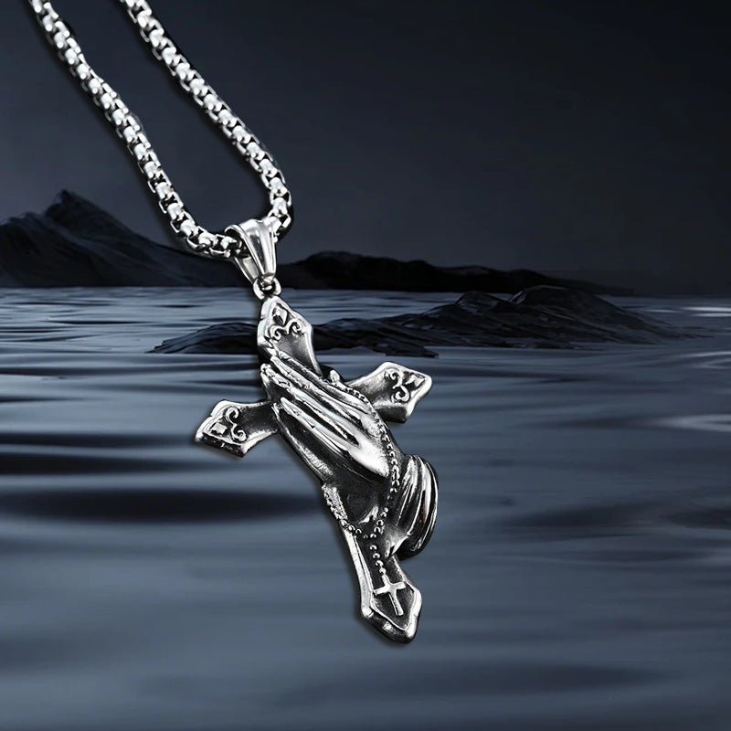Timeless Stainless Steel Praying Hands Cross Necklace - Waterproof Non-fading Silver Jewelry Perfect for All Occasions-ts