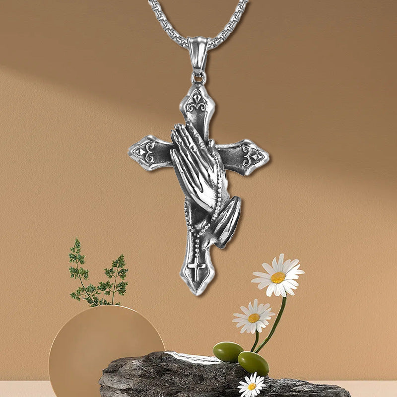 Timeless Stainless Steel Praying Hands Cross Necklace - Waterproof Non-fading Silver Jewelry Perfect for All Occasions-ts