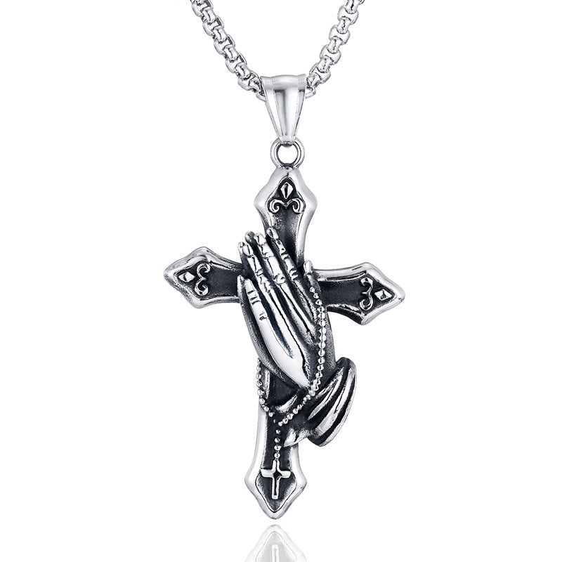 Timeless Stainless Steel Praying Hands Cross Necklace - Waterproof Non-fading Silver Jewelry Perfect for All Occasions-ts