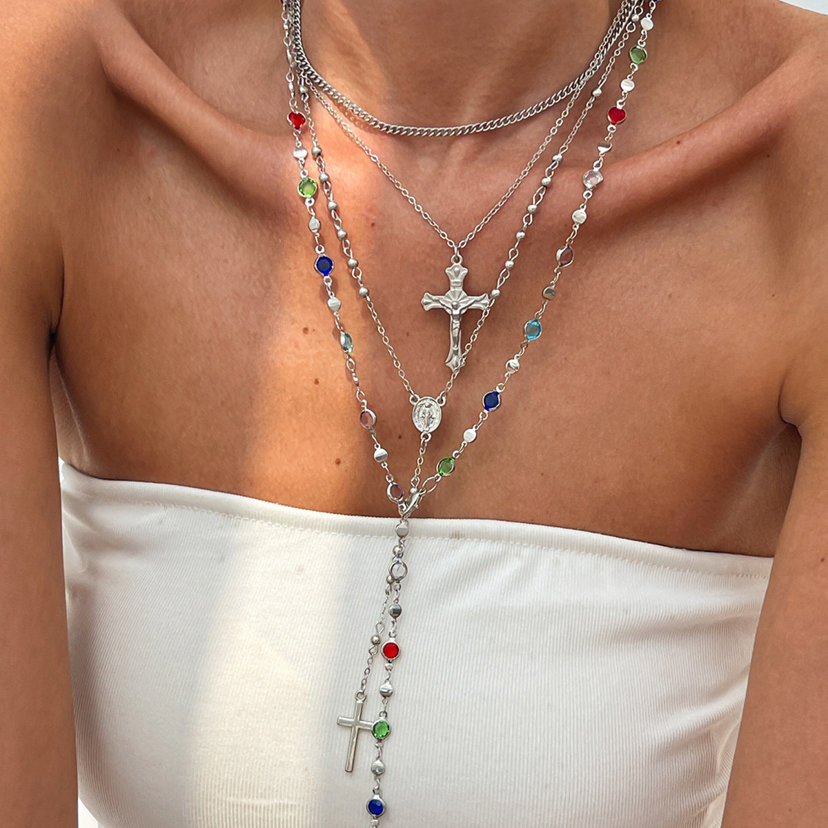 Hip-hop style diamond cross pendant necklace, pearl chain layered necklace -wpp