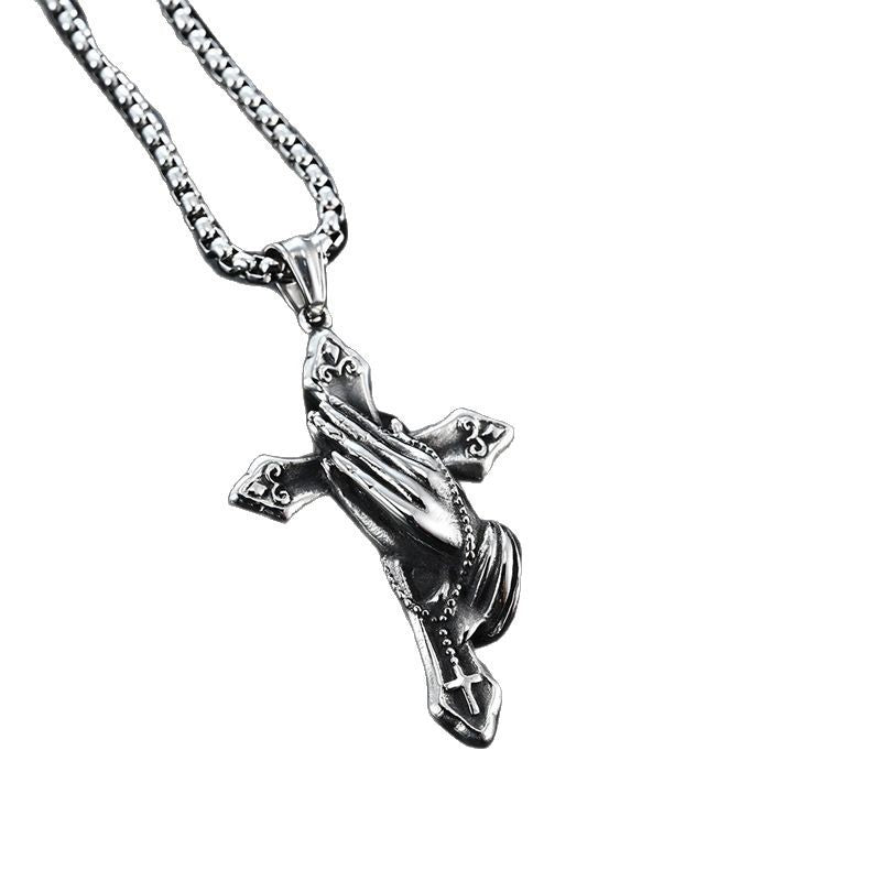 Timeless Stainless Steel Praying Hands Cross Necklace - Waterproof Non-fading Silver Jewelry Perfect for All Occasions-ts