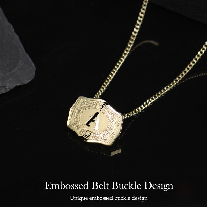 14K Gold Plated Initial Letter Pendant Necklace with Embossed Belt Buckle, Western Style Jewelry 18"+2" Extender Length Gift for Men Women Buy 1 Get 1 Free Chain Handmade 585/14K Real Gold Plating-ts