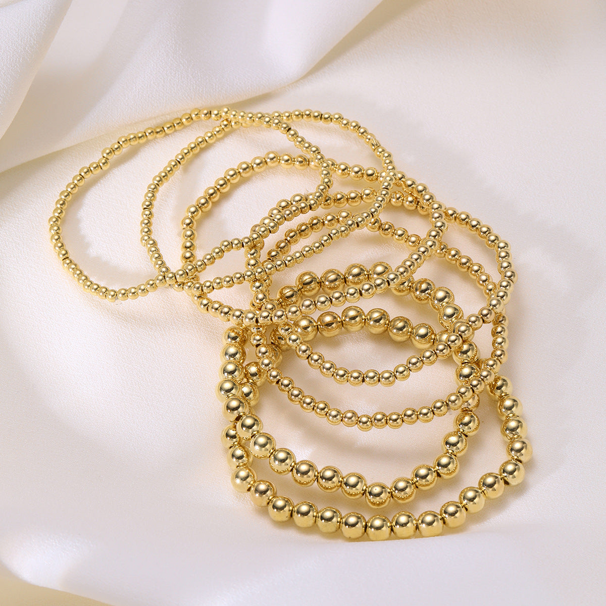 Lady waterproof gold bracelet  7 piece set 14K gold plated bead string and ball bracelet-wpp